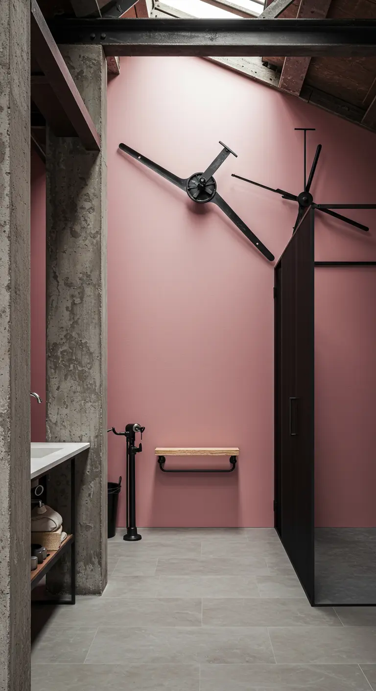 Industriële badkamer met een roze muur, betonnen pilaar en een grote zwarte designklok.