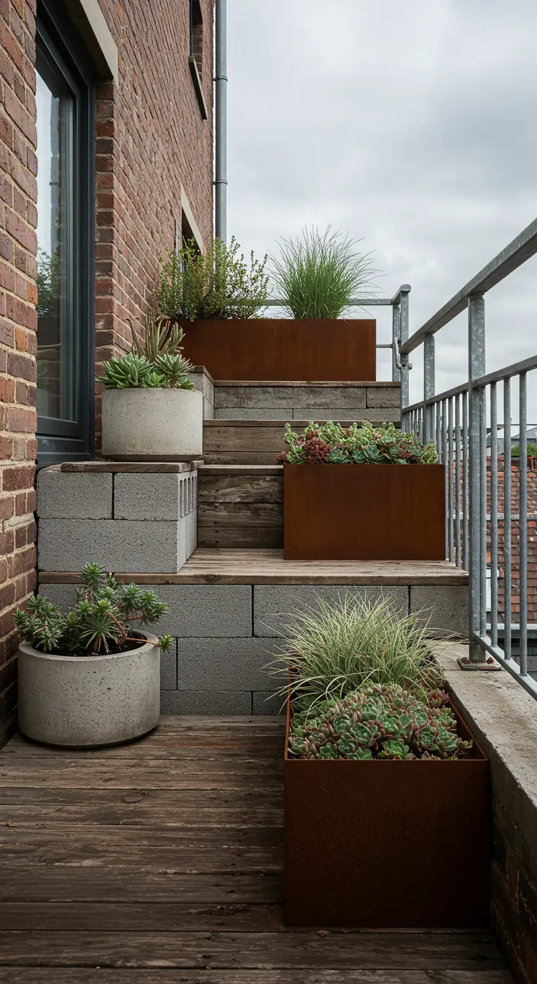 Moderne trap op een dakterras, gestyled met cortenstalen bakken en betonnen potten vol vetplanten.