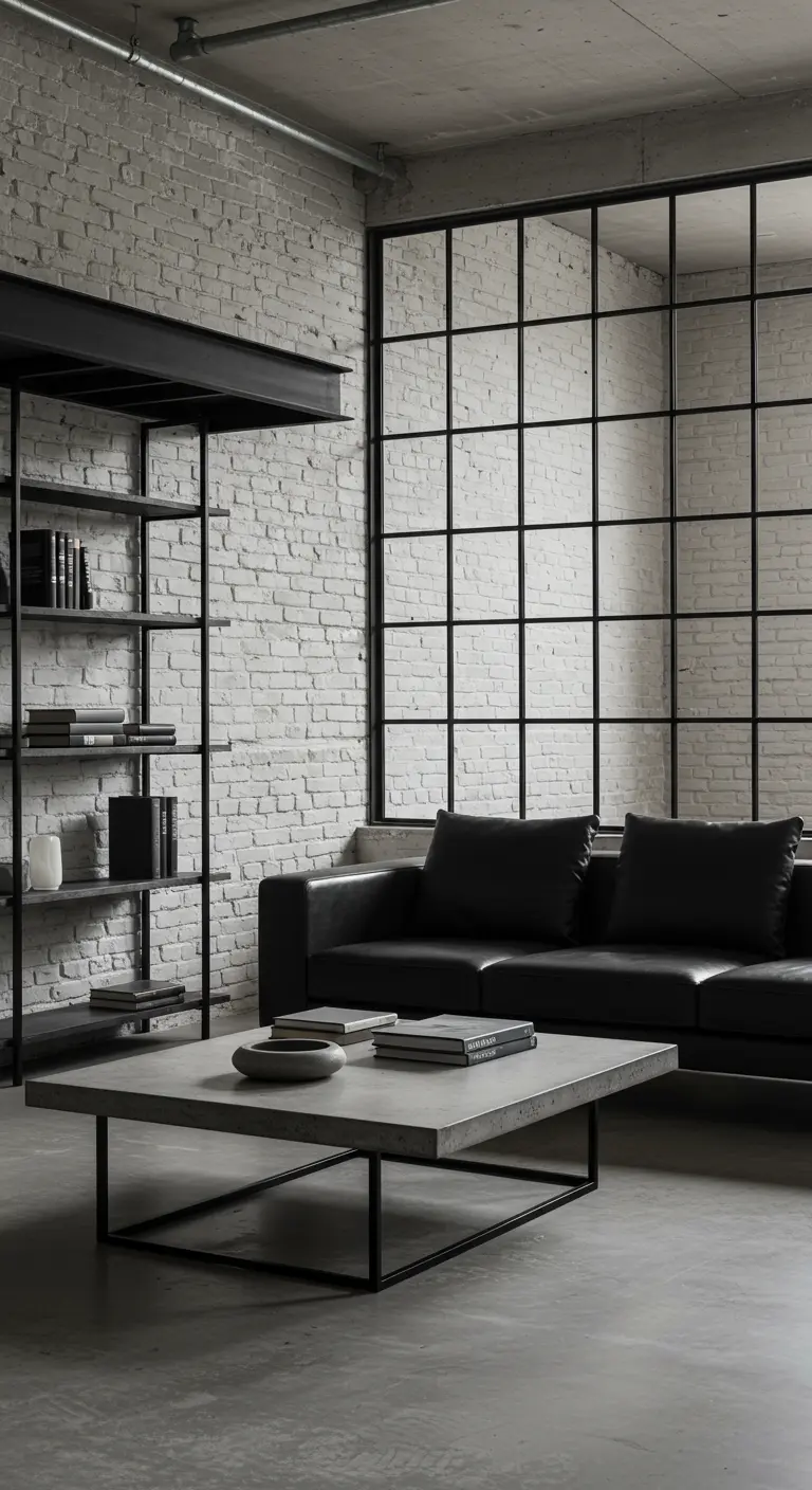 Industriële woonkamer met witte bakstenen muur, zwarte metalen rekken en betonnen tafel.