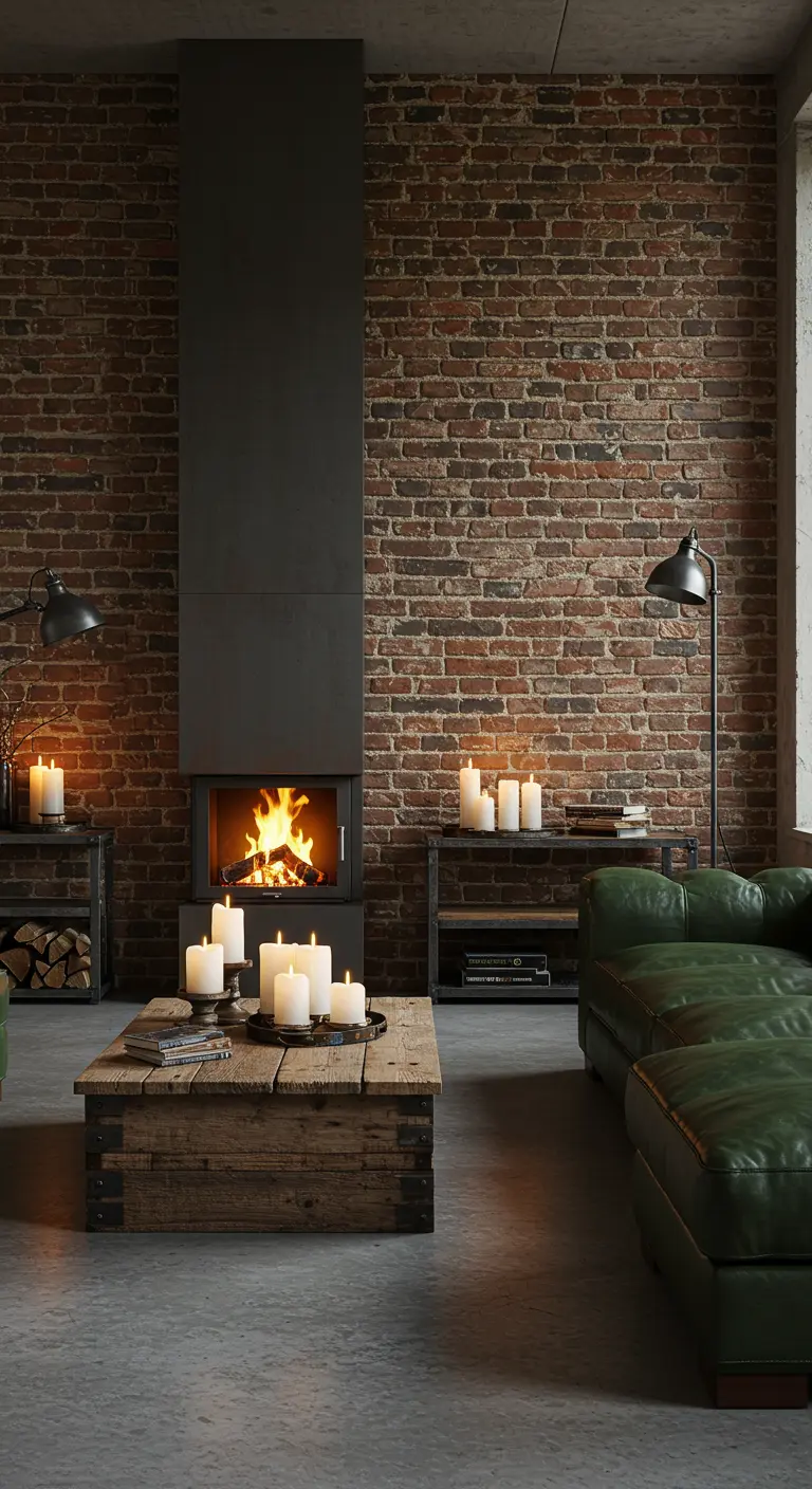 Industriële woonkamer met bakstenen muur, donkere haard, groene leren bank en pallet tafel.