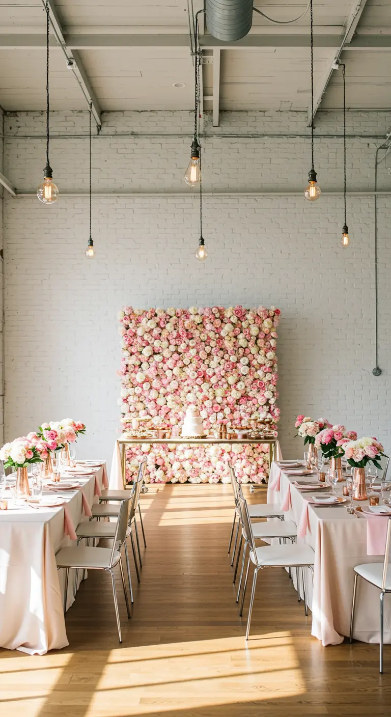 Lange eettafels in een loft met een grote bloemenmuur als achtergrond.