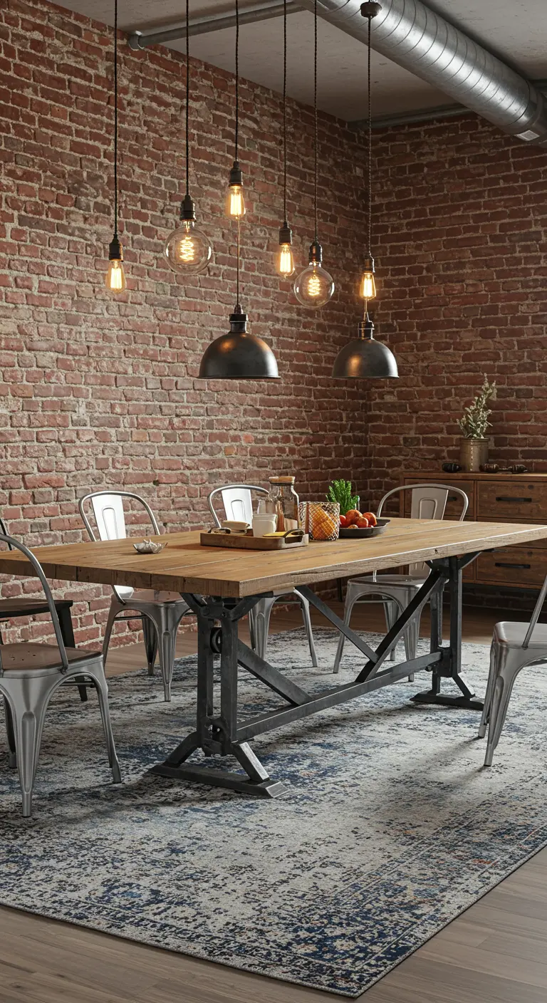 Industriële eetkamer met bakstenen muur, metalen stoelen en een groot, versleten blauw tapijt.