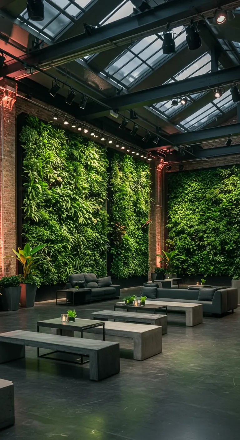 Grote industriële hal met hoge groene plantenwanden, loungebanken van beton en spots.