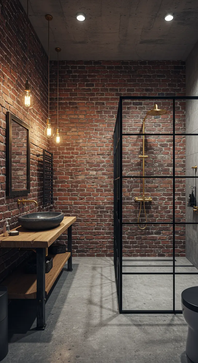 Industriële badkamer met een bakstenen muur, zwarte douchewand en een messing doucheset.