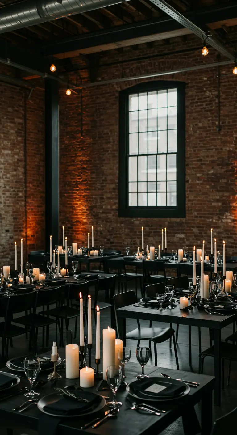 Industriële trouwsetting met zwarte tafels, zwarte borden en veel witte kaarsen.