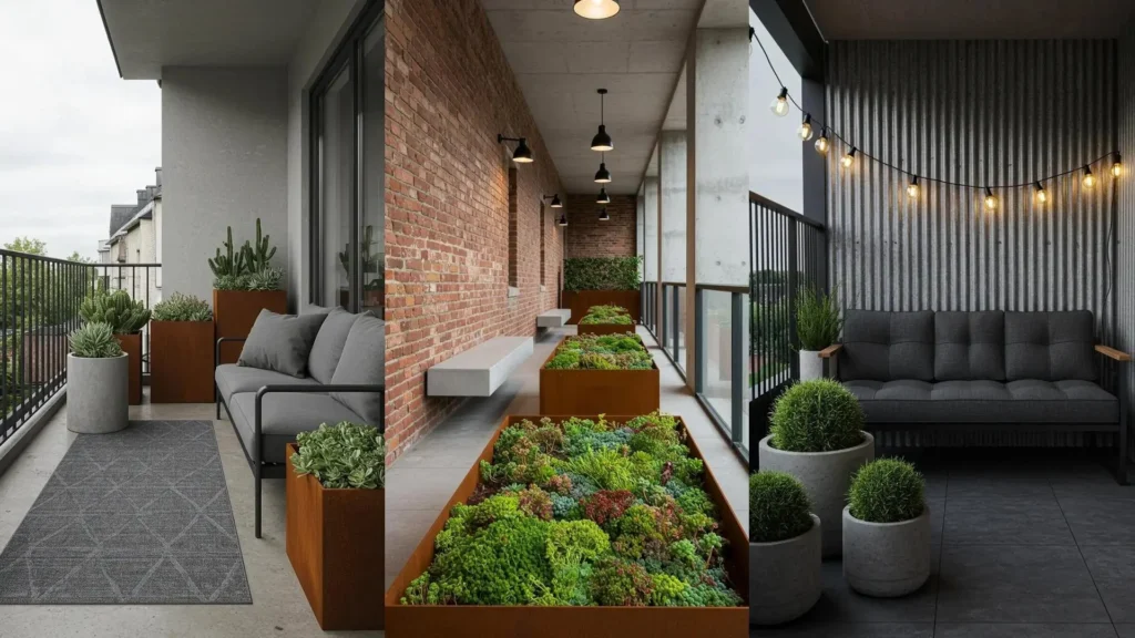 Diverse industriële balkonsettings met staal, beton en groene vetplanten in strakke plantenbakken.