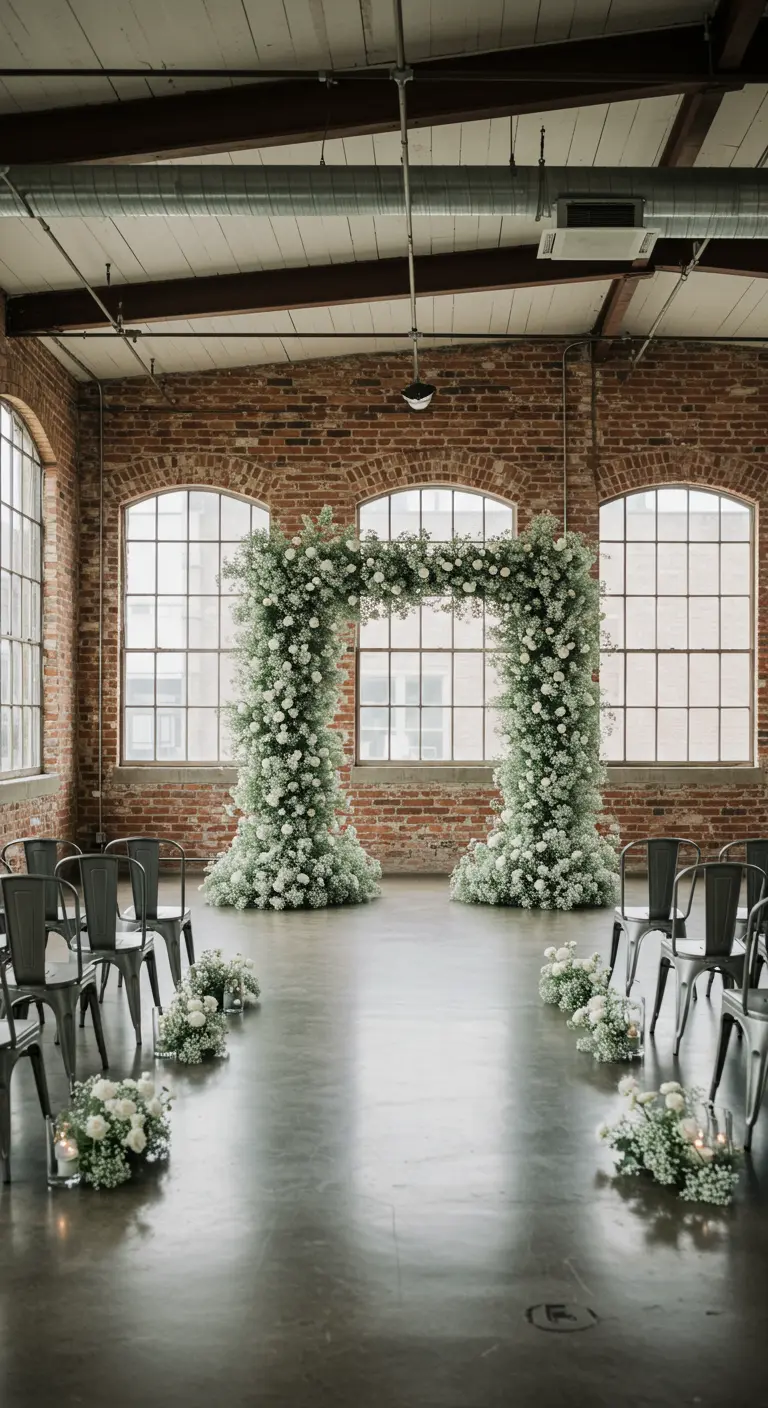Bloemenboog van gipskruid in een industriële loft met bakstenen muren en grote ramen.