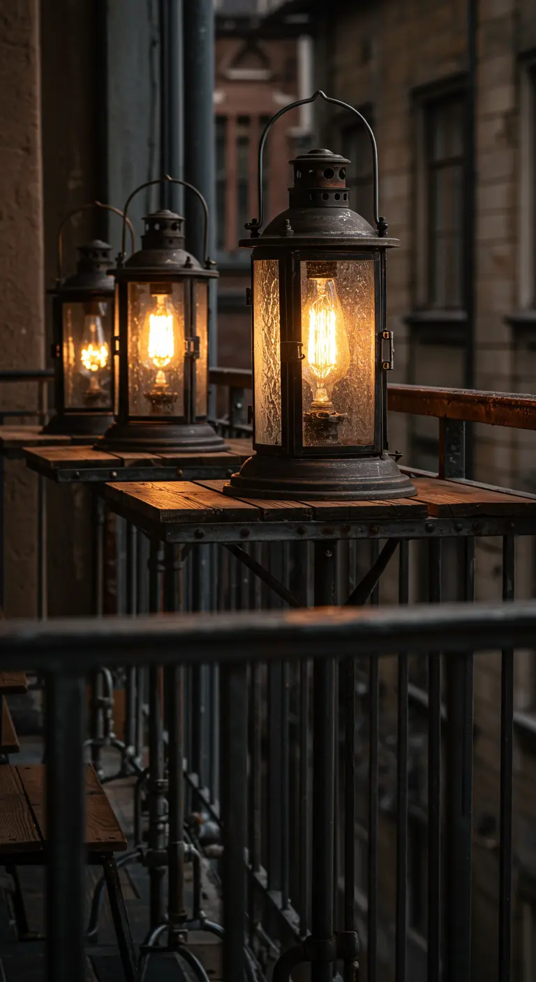 Drie industriële metalen lantaarns met geribbeld glas en Edison-lampen staan op een houten plank langs een balkonreling.