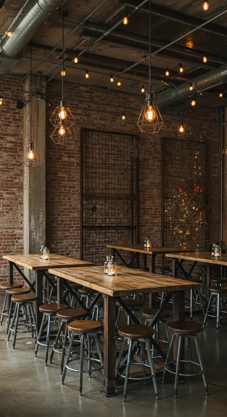 Industriële ruimte met bakstenen muren, houten tafels en geometrische draadlampen die van het plafond hangen.