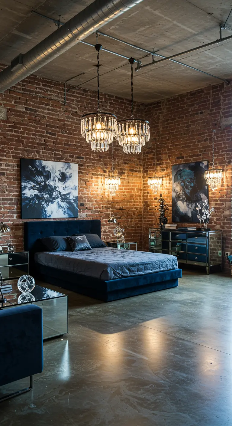 Industriële slaapkamer met bakstenen muren, blauw fluwelen bed, spiegelmeubels en kristallen kroonluchters.