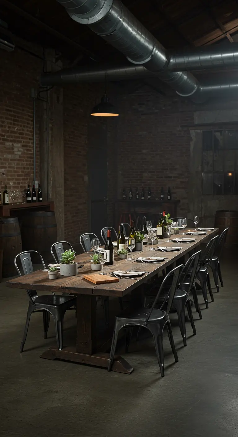 Industriële setting met lange houten tafel, zwarte stoelen, bakstenen muren en leidingen.