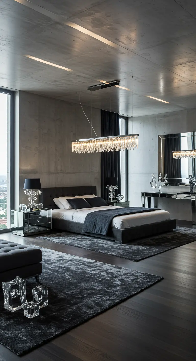 Grijze, moderne slaapkamer met betonnen muren, lange kristallen kroonluchter en spiegelmeubels.