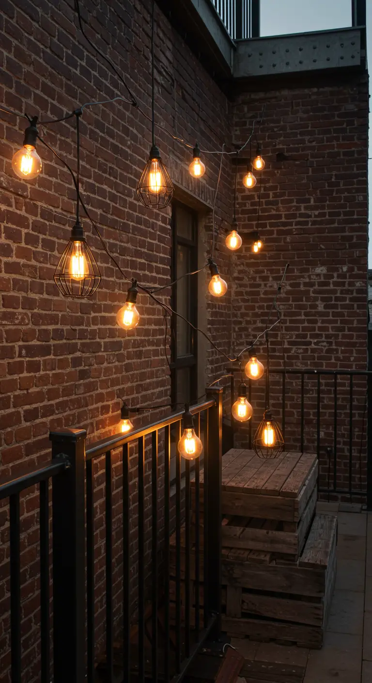 Een lichtsnoer met peertjes in zwarte metalen kooitjes hangt tegen een industriële bakstenen muur.