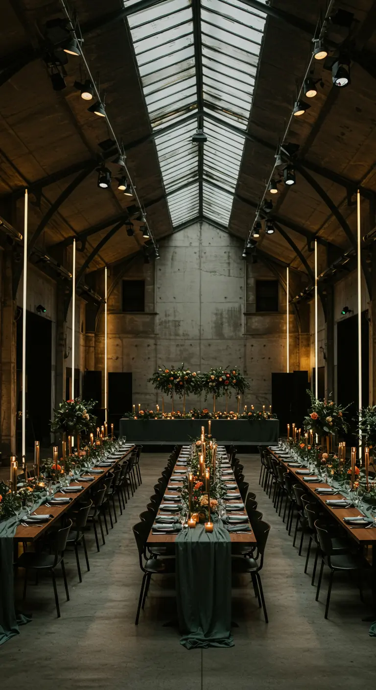 Lange bruiloftstafels in een industriële hal met warme verlichting en rijke bloemdecoraties.
