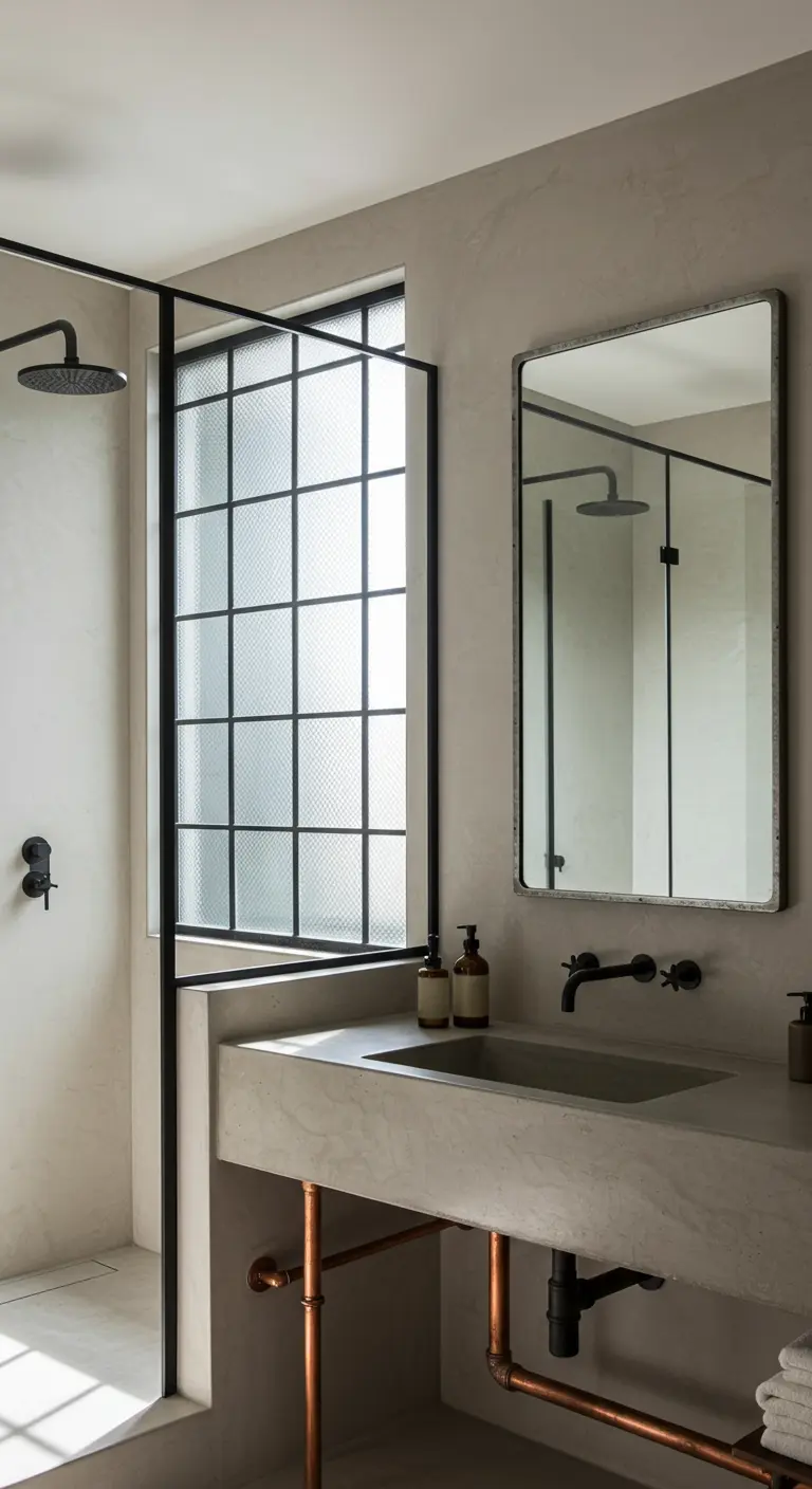 Industriële badkamer met stalen frame spiegel, betonnen wasbak en een douchewand met zwart frame.