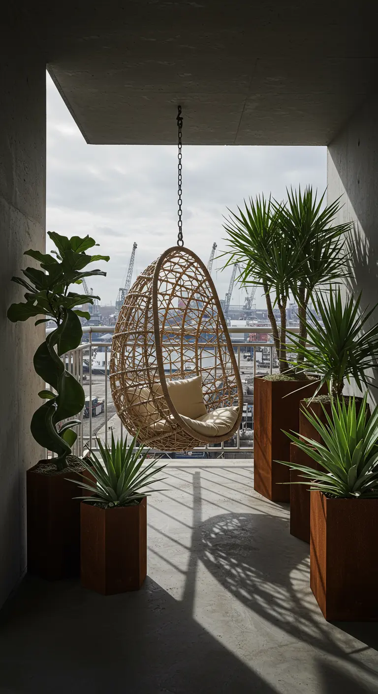 Rotan hangstoel op een betonnen balkon met cortenstalen plantenbakken en uitzicht op een haven.