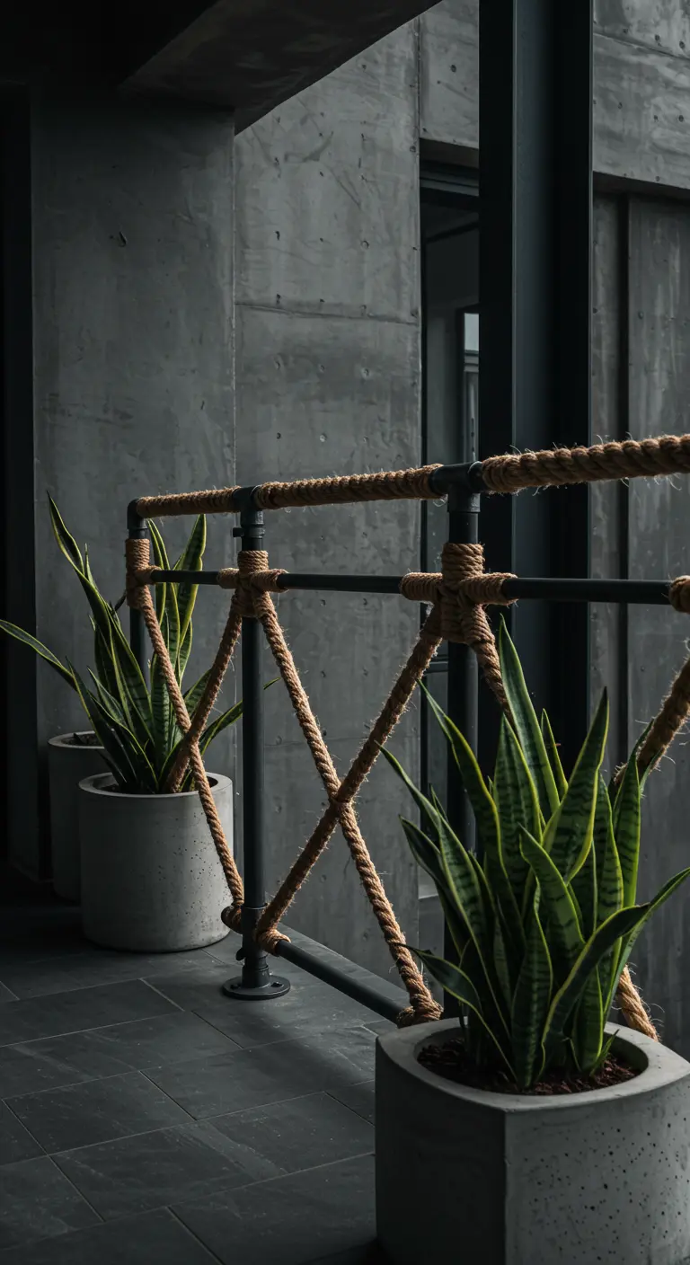 Zwarte industriële reling deels omwikkeld met natuurlijk touw, met sansevieria's.
