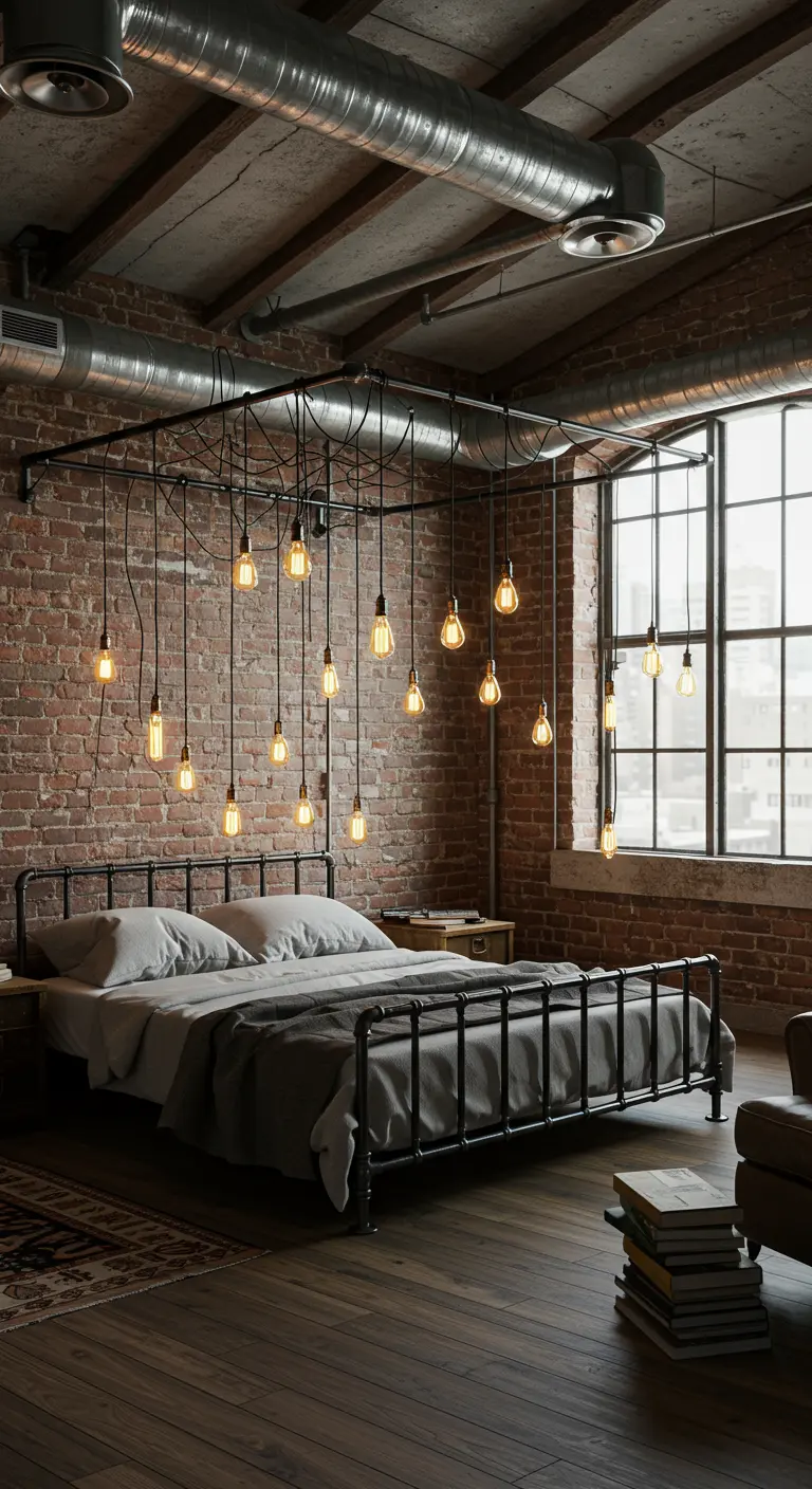 Zwart metalen bed in een industrieel-chique loft met hangende Edison-lampen.