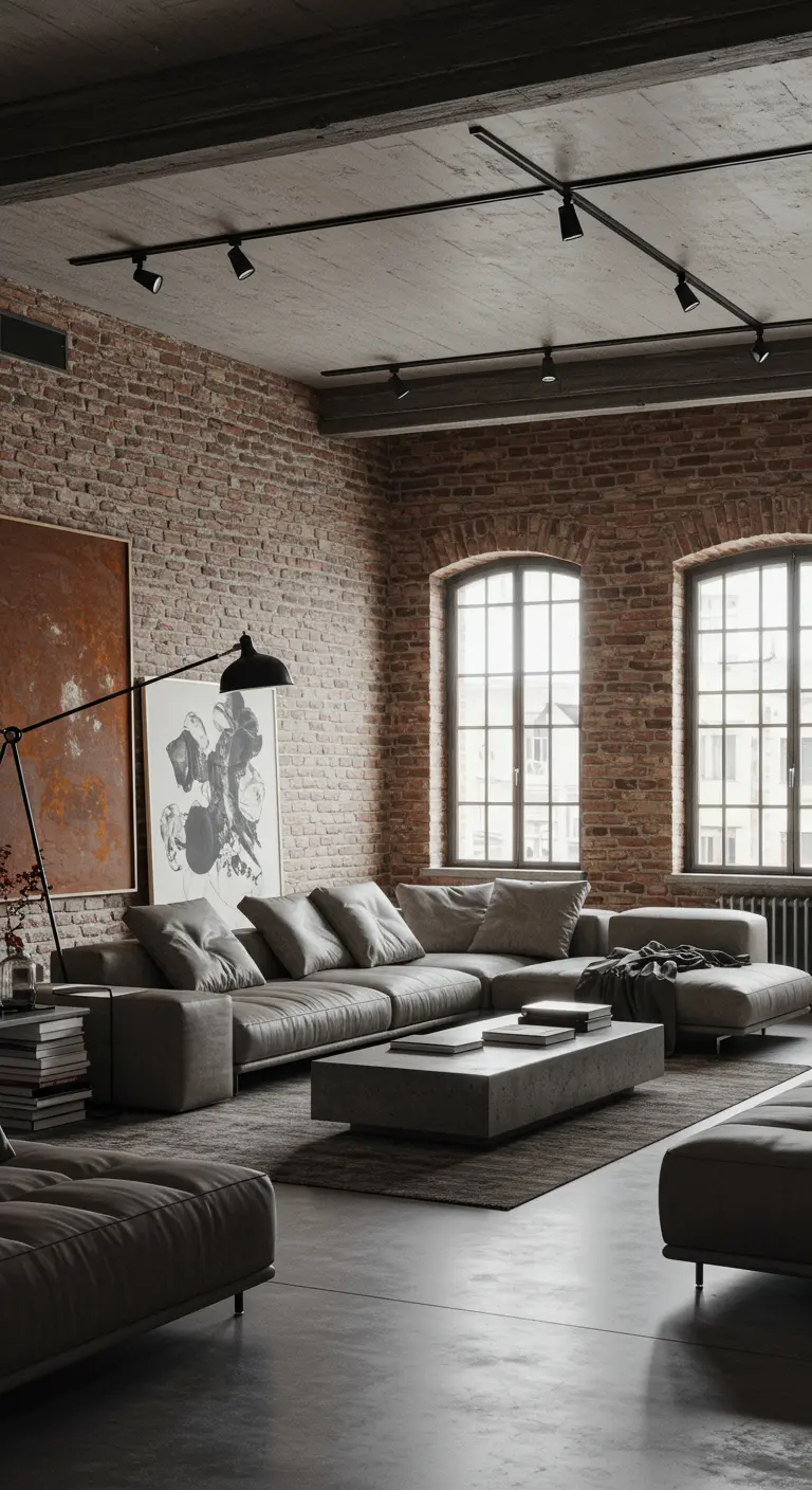 Industriële woonkamer met bakstenen muur, grijze loungebank en betonnen salontafel.