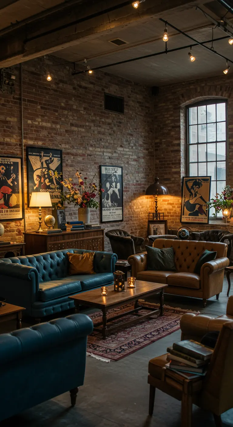 Industriële loft lounge met bakstenen muren, leren banken en vintage filmposters.