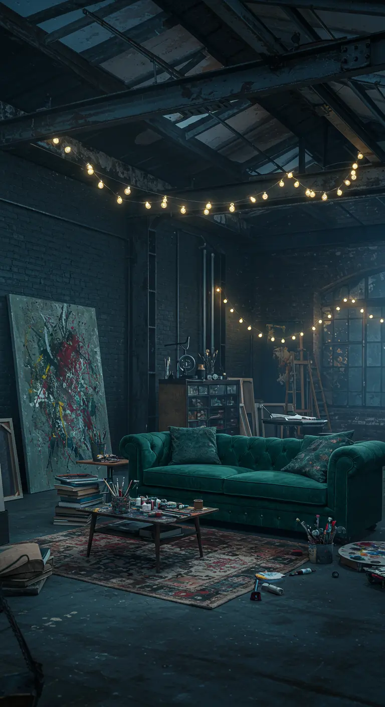Industriële loft met bakstenen muren, een groene Chesterfield-bank en sfeervolle lichtslingers.