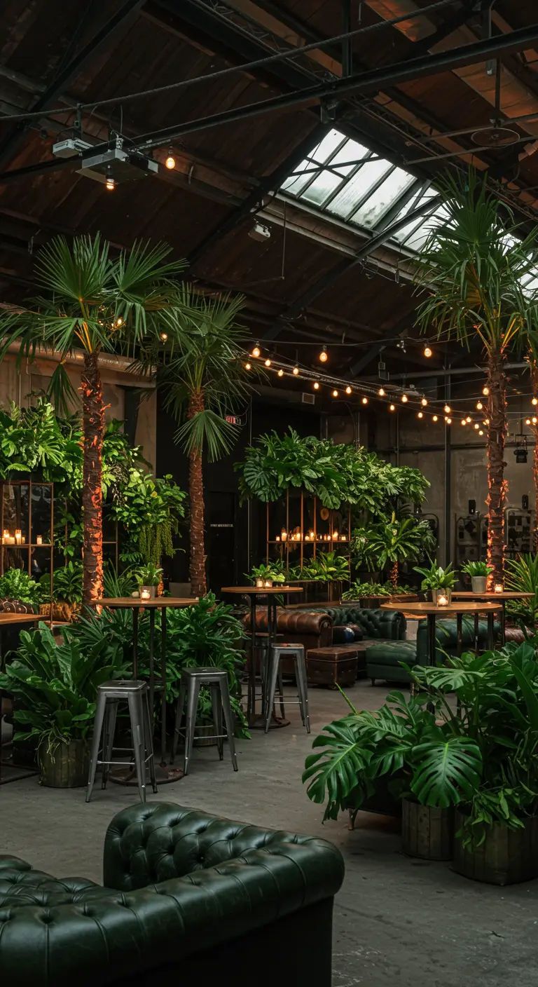 Industriële evenementenruimte met grote palmbomen, plantenmuren en loungebanken.