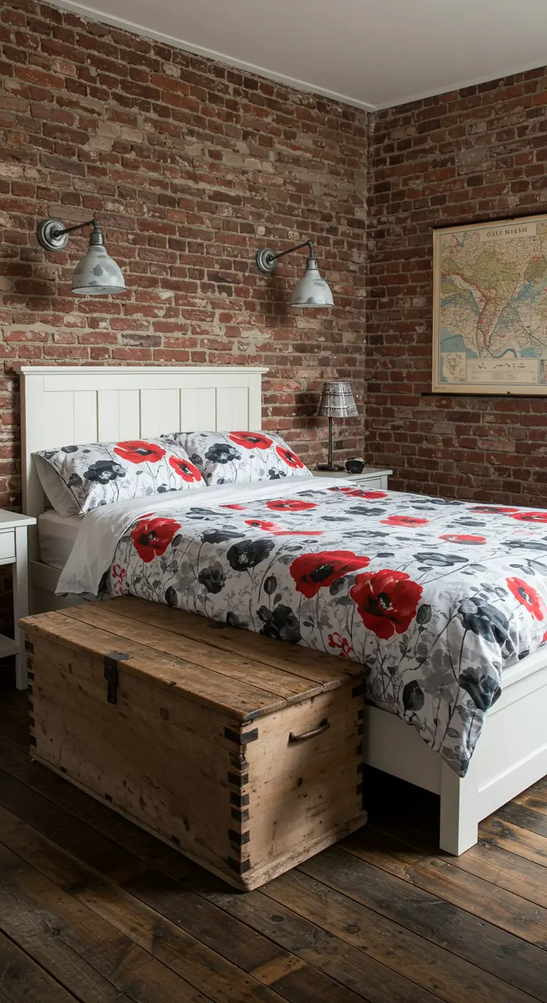 Slaapkamer met bakstenen muur, wit bed, klaprozen beddengoed en rustieke houten kist.