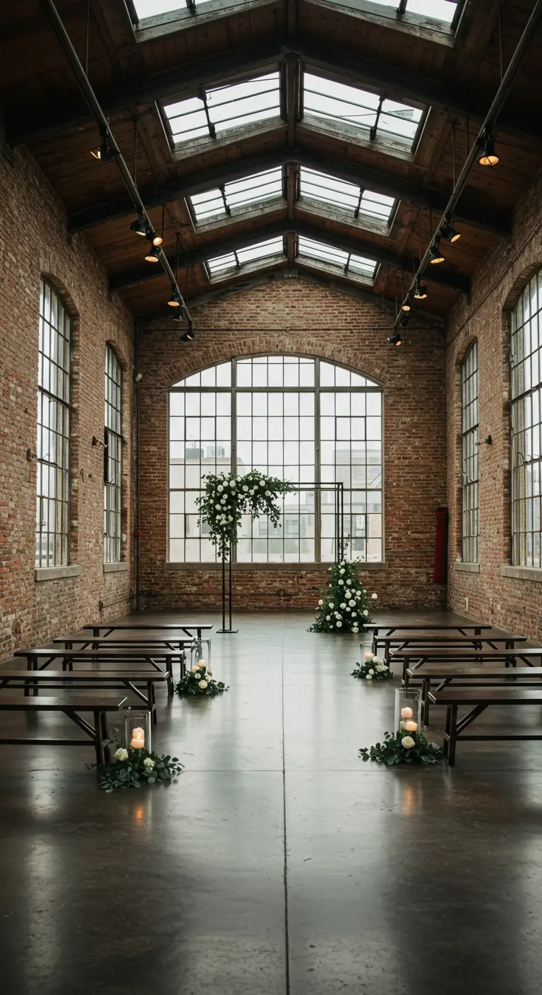Ceremonie-opstelling in industriële ruimte met bakstenen muren en minimalistische bloemendecoratie.