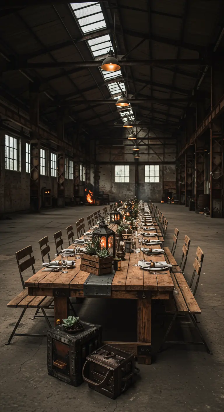 Industriële zaal met lange houten tafel, lantaarns en donkere stoelen.