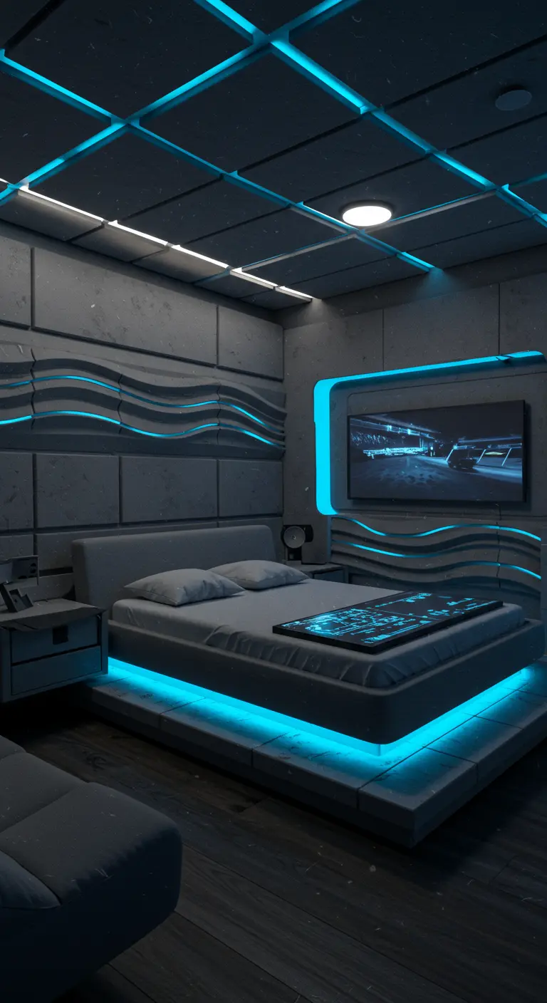 Donkergrijze slaapkamer met golvende wandtextuur, blauwe LED-verlichting en rasterplafond.