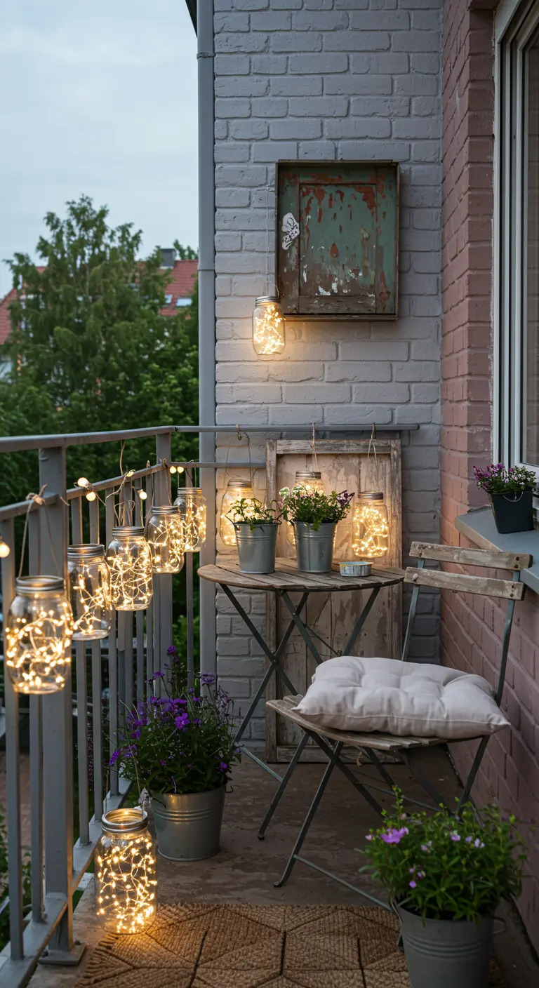 Balkon met bakstenen muur, versierd met een slinger van glazen potten met lichtjes erin.