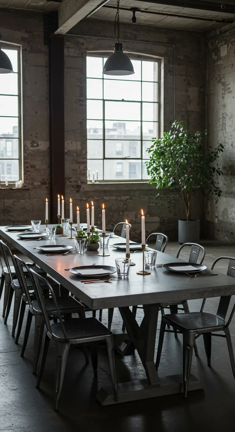 Lange betonnen eettafel met metalen stoelen en brandende kaarsen in een industrieel pand.