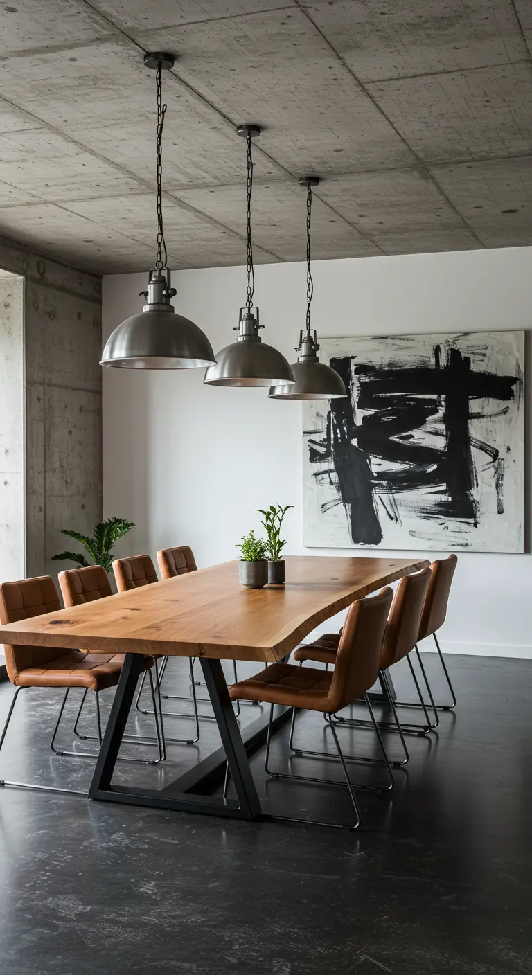 Industriële eetkamer met beton, houten tafel, leren stoelen, metalen lampen en abstract kunstwerk.