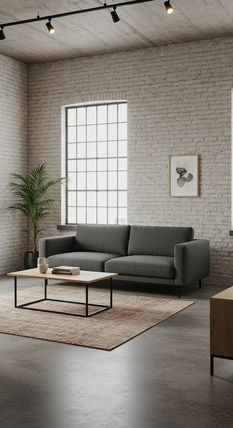 Industriële woonkamer met bakstenen muur, grijze bank, houten salontafel en grote ramen.