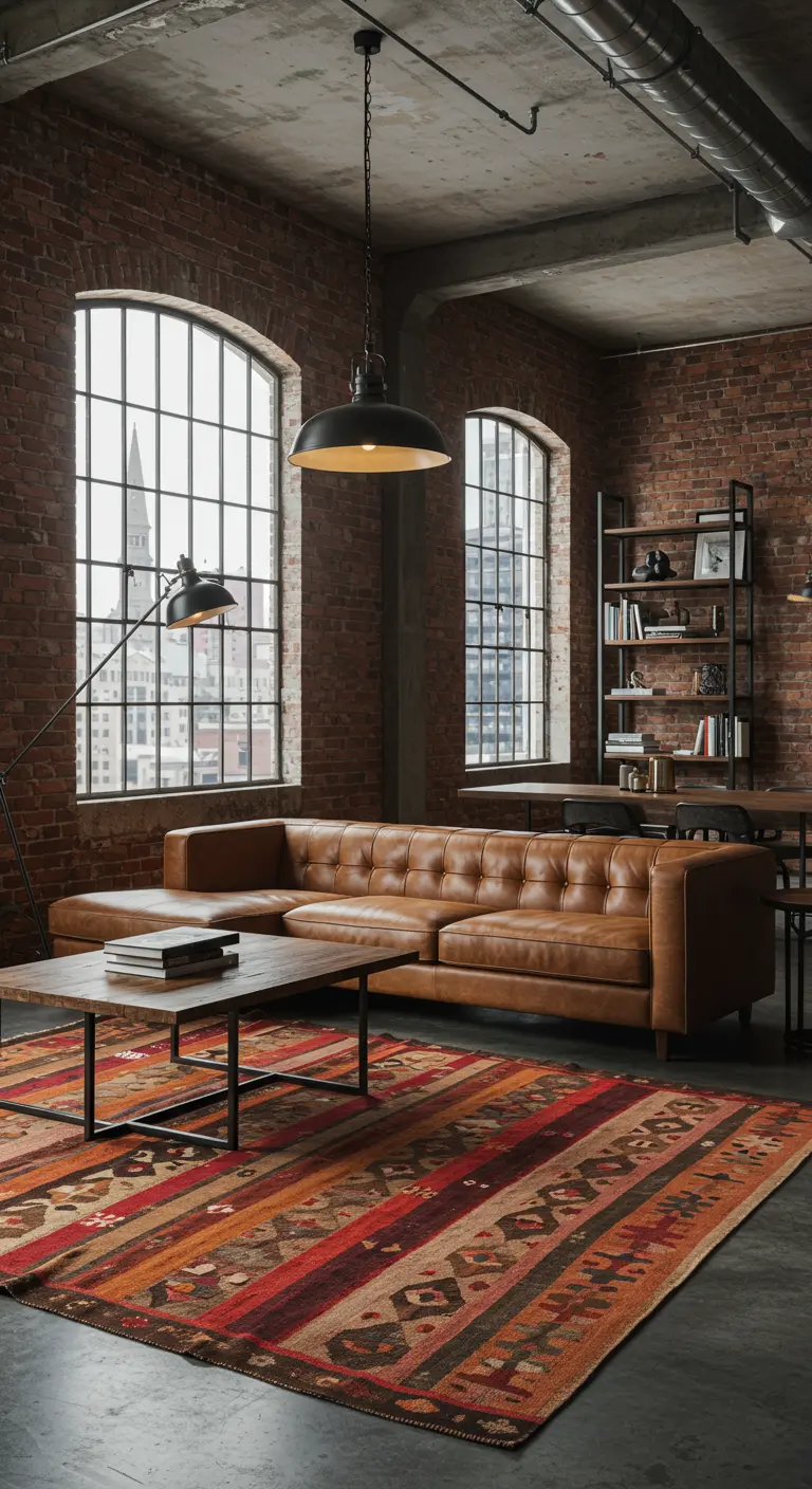 Industriële loft met oranje-rood gestreept vintage tapijt, leren bank en bakstenen muren.