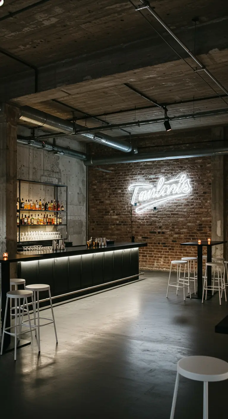 Industriële barruimte met een bakstenen muur waarop een wit neon-bord hangt.