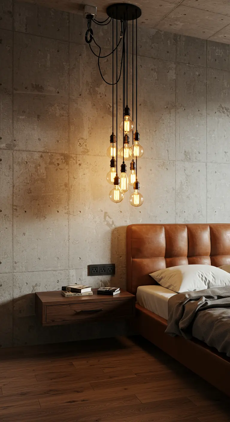 Industriële slaapkamer met betonnen muur en een bundel hangende Edison-peertjes boven het nachtkastje.