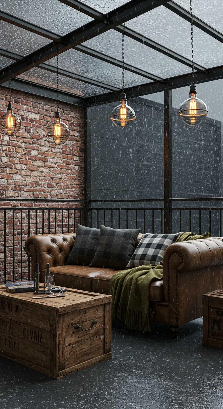 Overdekt balkon met bakstenen muur, leren Chesterfield-bank en industriële hanglampen tijdens een regenbui.