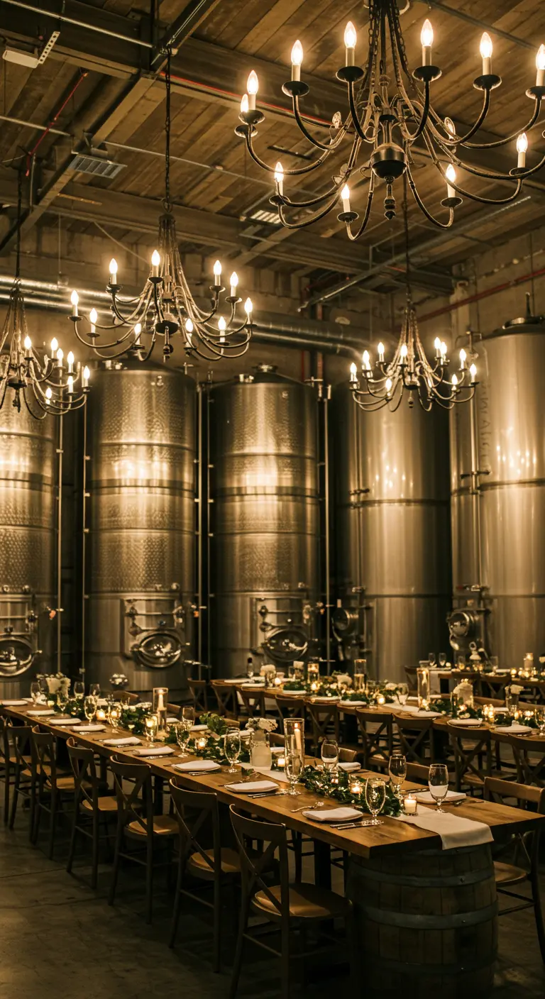 Dineropstelling in een wijnmakerij met lange tafels, kroonluchters en grote stalen wijnvaten op de achtergrond.