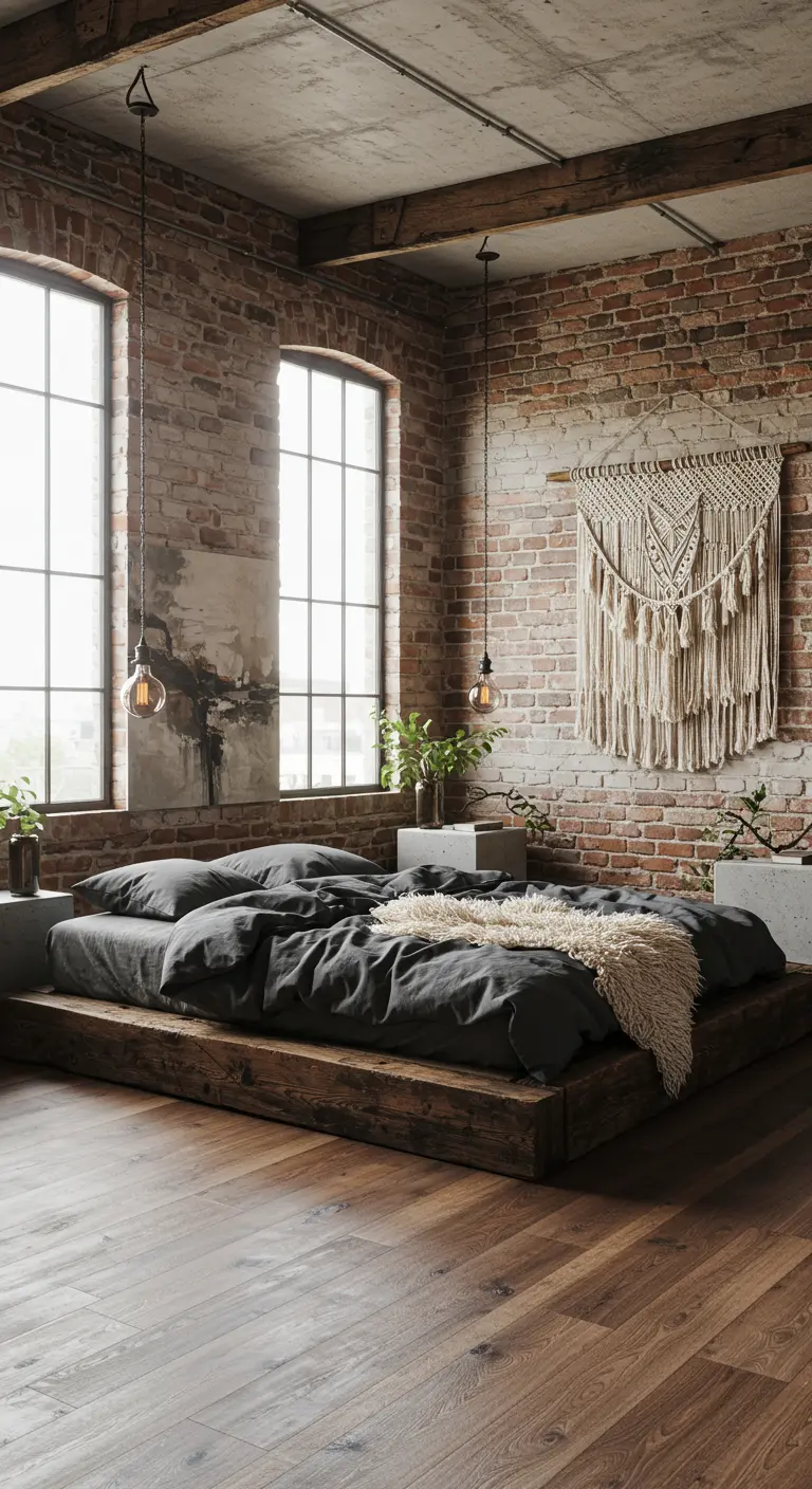 Industriële slaapkamer met bakstenen muur, betonnen plafond, een laag houten bed, en een groot macramé wandkleed.