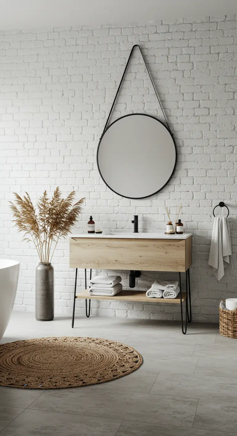 Lichte badkamer met witgeschilderde bakstenen muur, meubel op hairpin-poten en jute kleed.