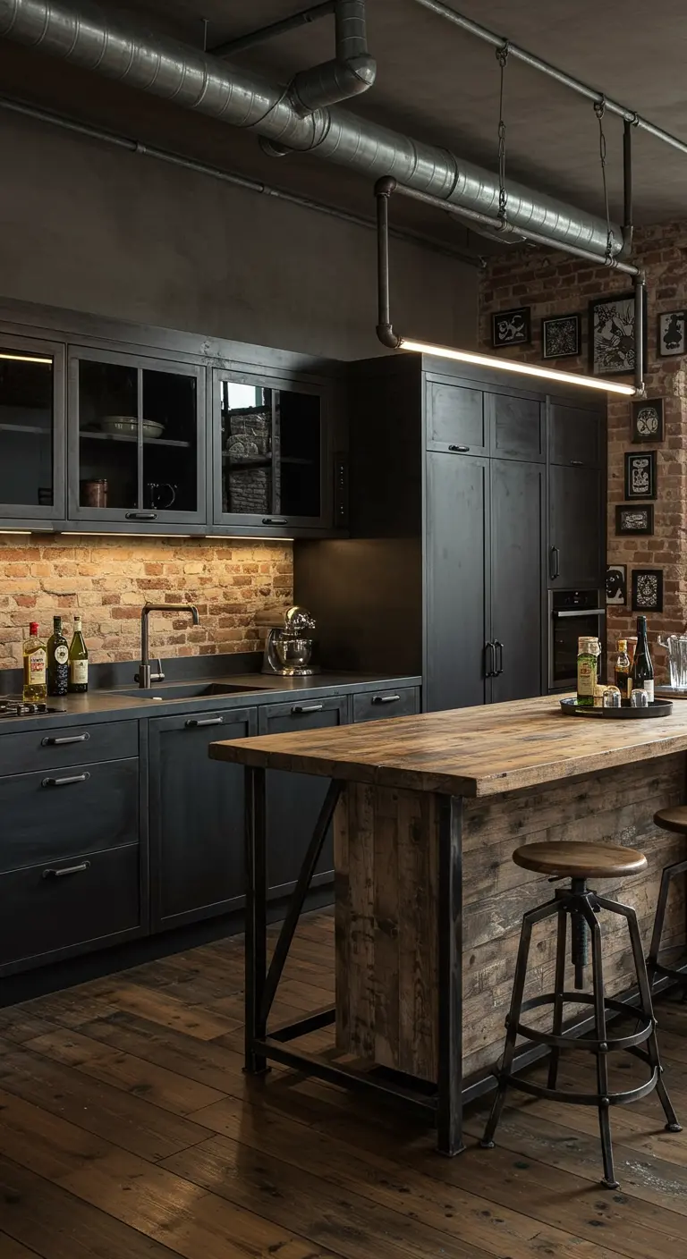 Industriële keuken met zwarte kasten, bakstenen muur, houten eiland en galerijwand.