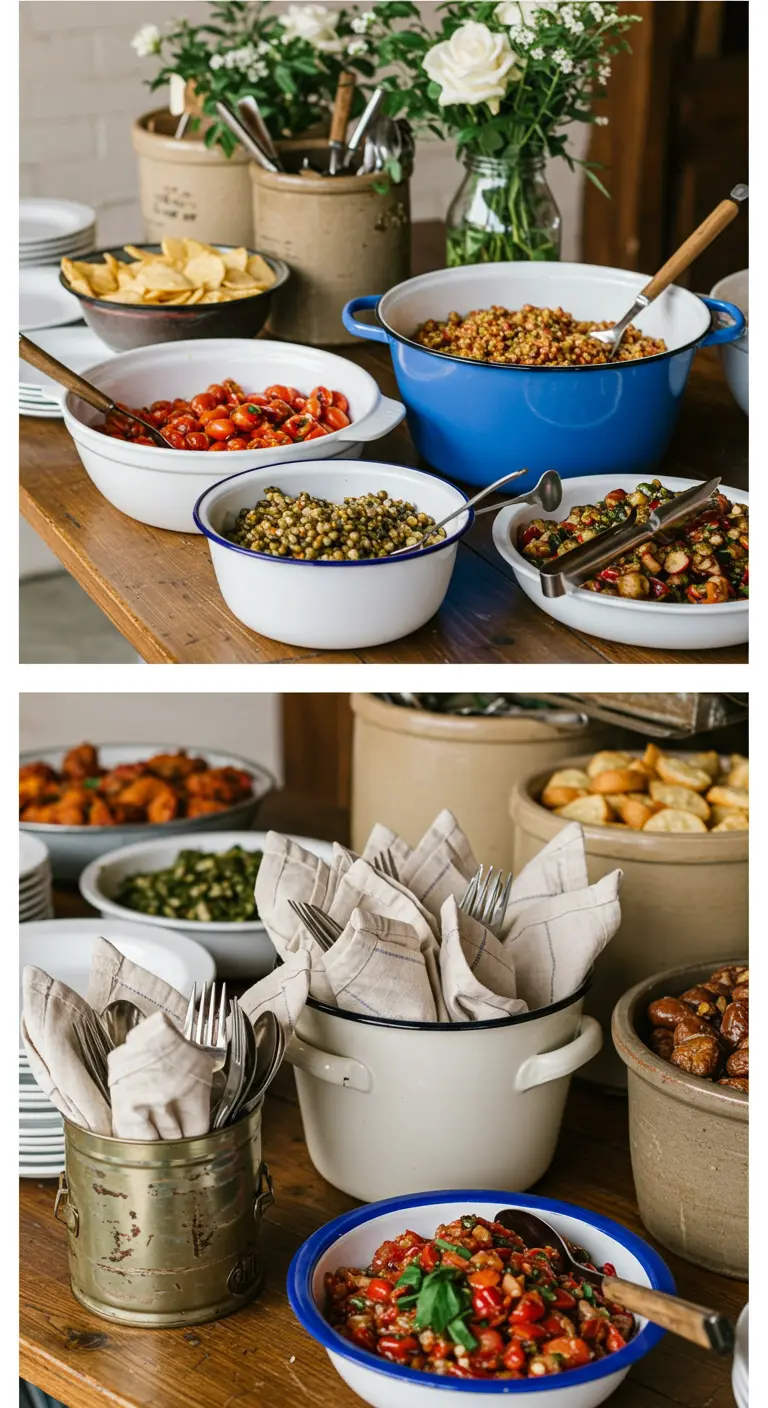Collage van een buffet met salades en bijgerechten in vintage emaillen en stenen schalen.