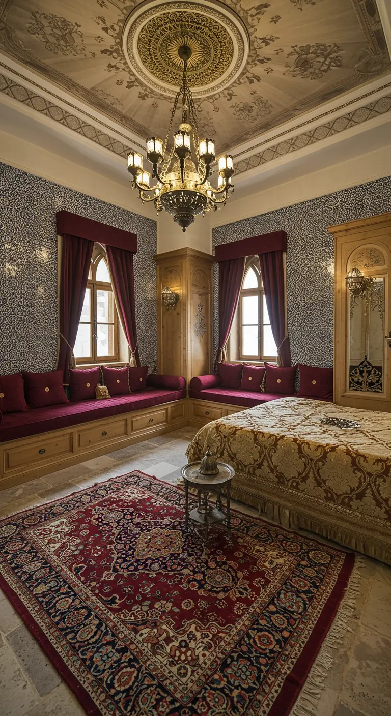 Klassieke Ottomaanse slaapkamer met ingebouwde banken, rood textiel en een Perzisch tapijt.