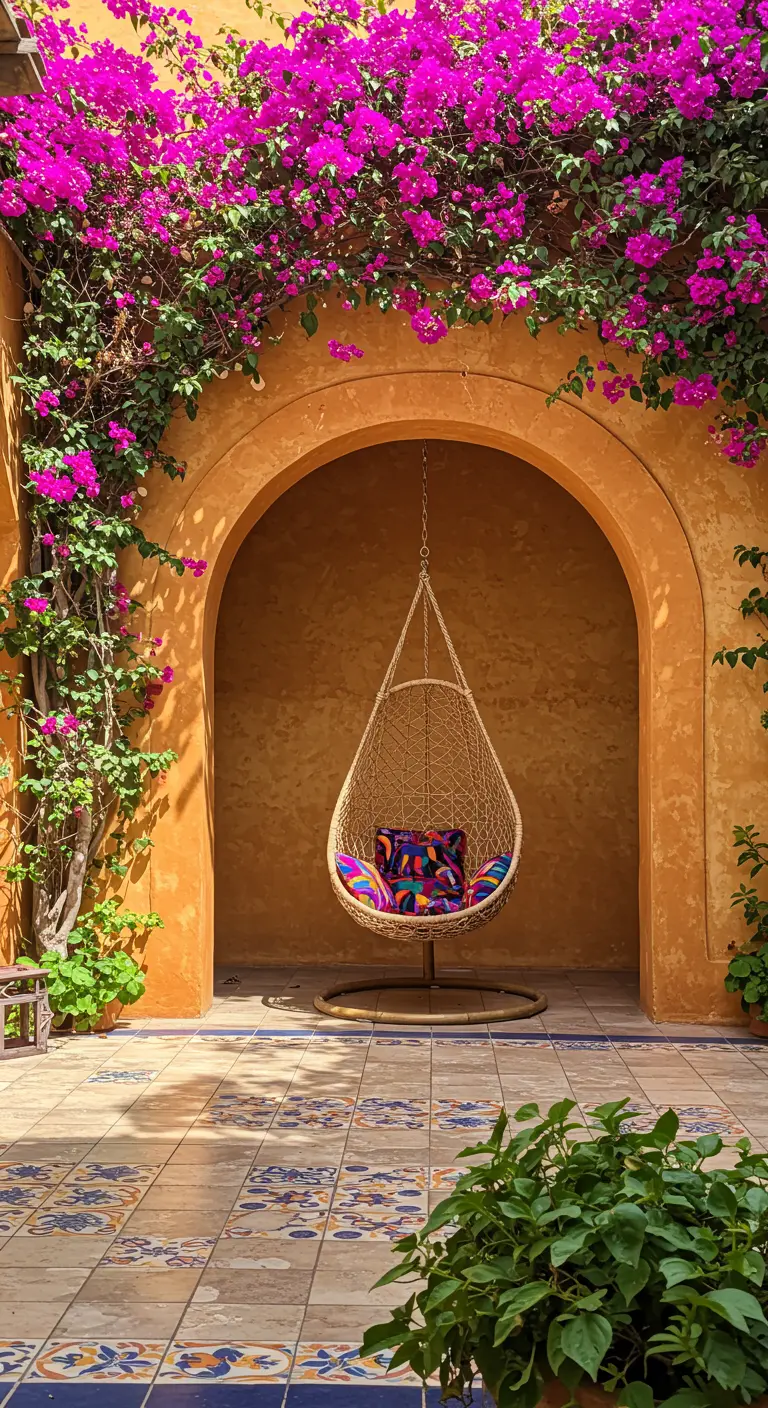 Hangstoel in een okergele nis, omlijst door fuchsia bougainvillea en met kleurrijke kussens.