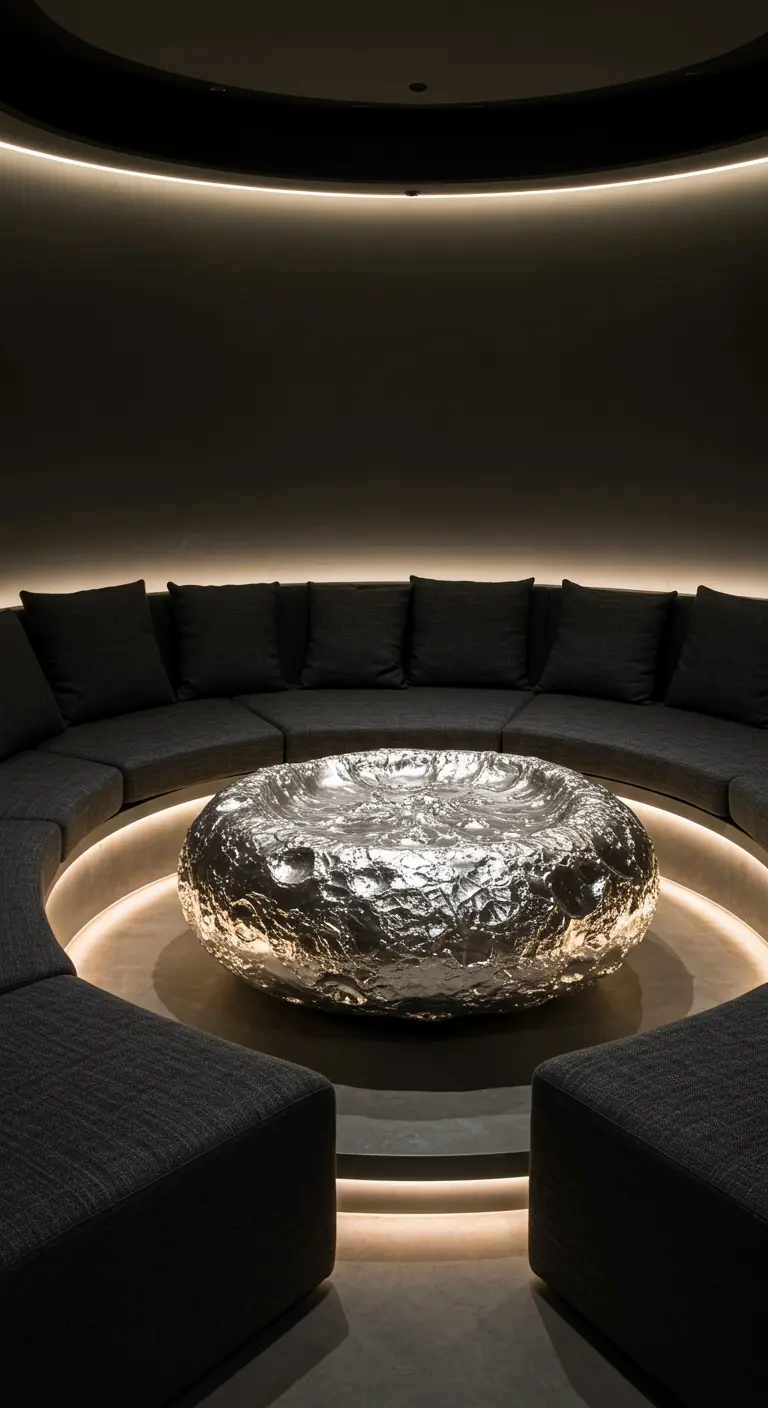 Ronde loungebank met in het midden een grote, zilveren salontafel in de vorm van een meteoriet.