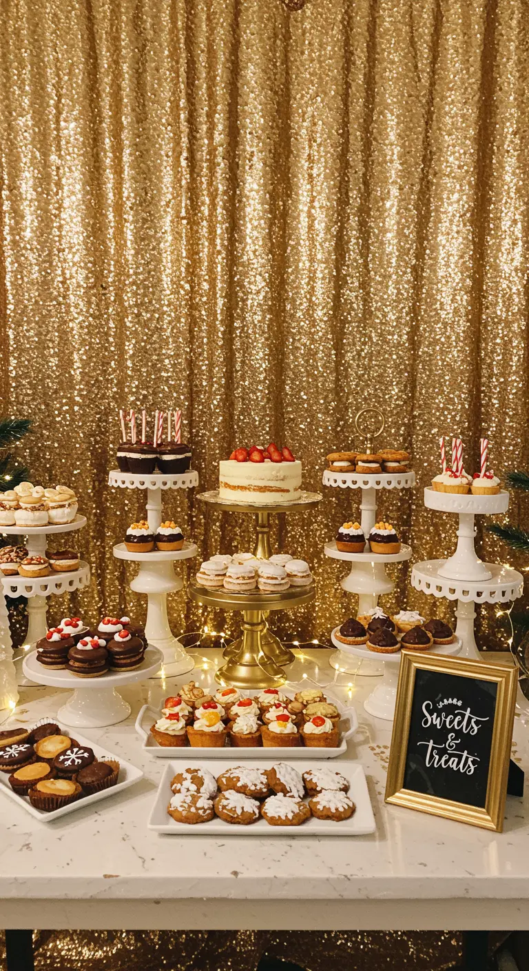 Desserttafel met cupcakes en taarten voor een achtergrond van gouden pailletten.