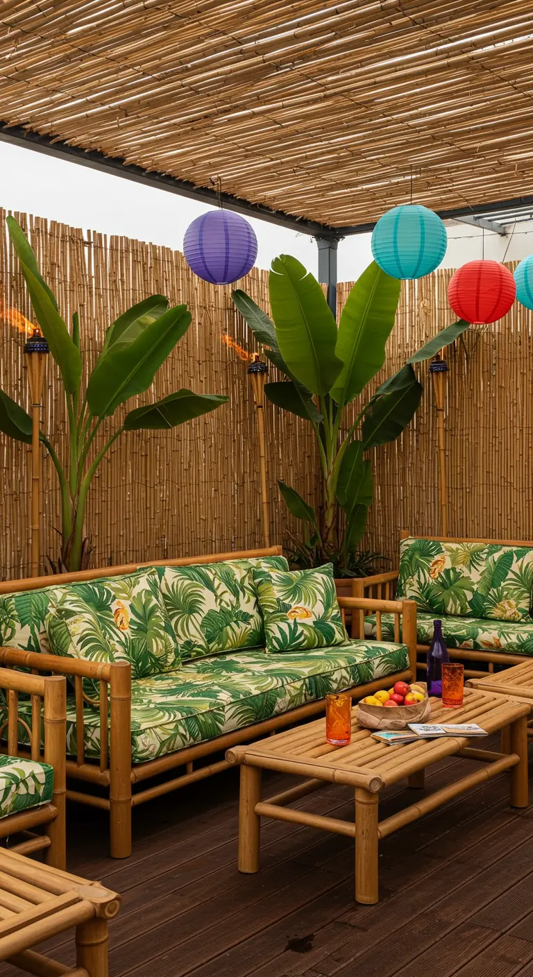 Tropische loungehoek met bamboemeubels, kussens met bladprint en gekleurde lampionnen.
