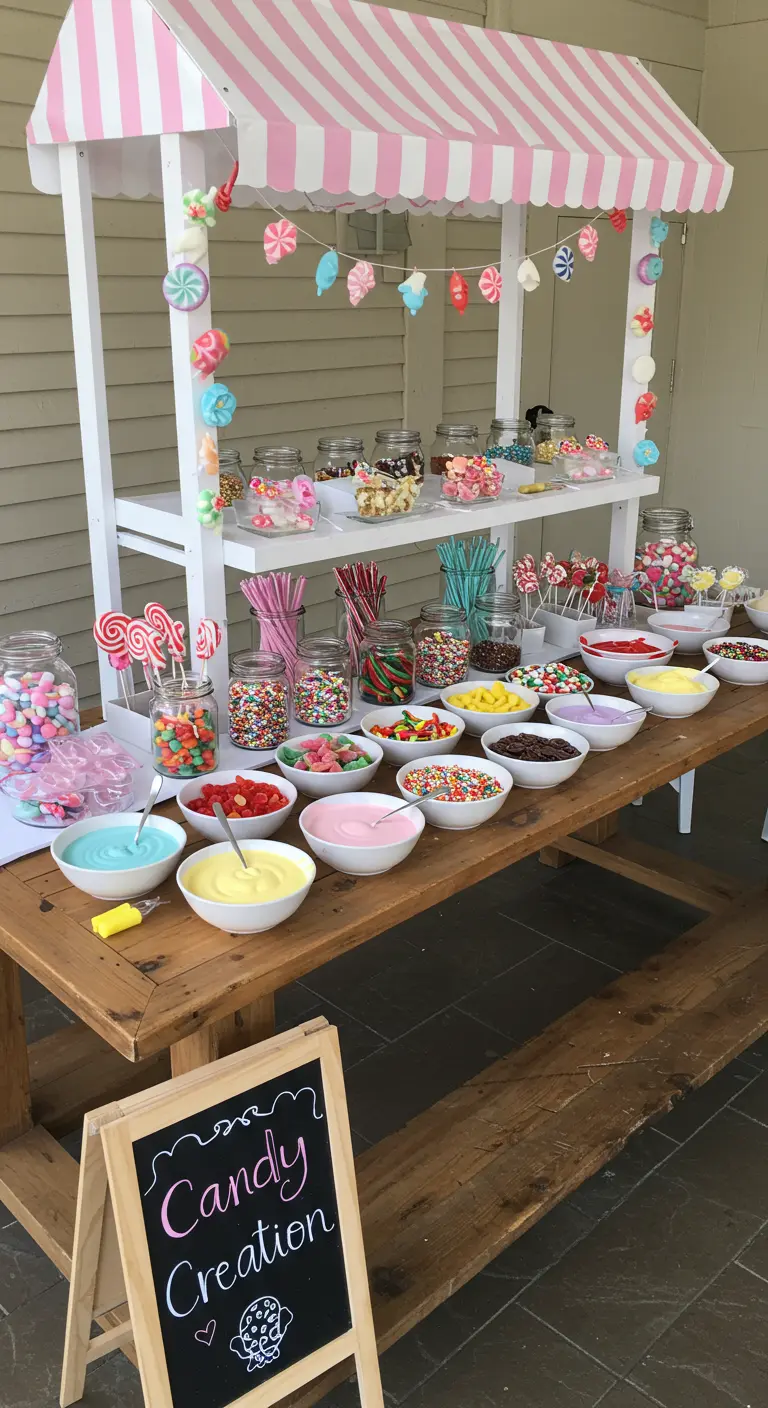 DIY-snoepstation met glazuur, sprinkles en een roze-wit gestreept dakje.