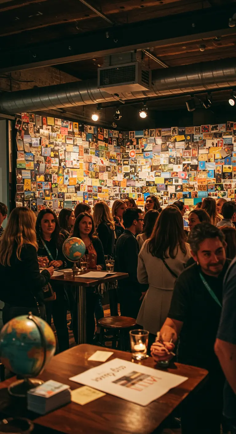 Gasten op een druk feest die kijken naar een grote muur vol met foto's en ansichtkaarten.